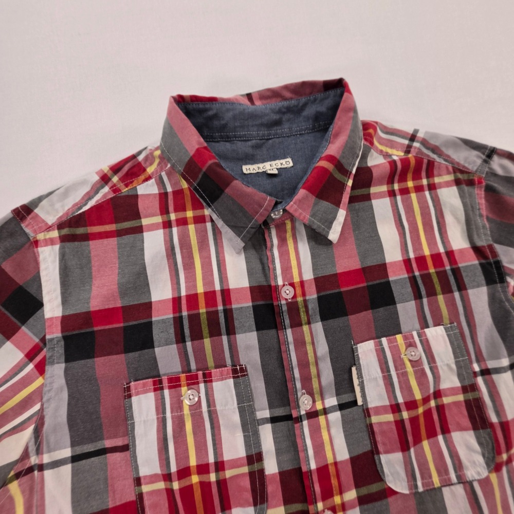 Marc Ecko Mens Plaid Short Sleeve Button Down Shirt Red Grey Yellow Size M